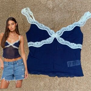 Edikted Navy Lace Mesh Camisole Sheer Top S